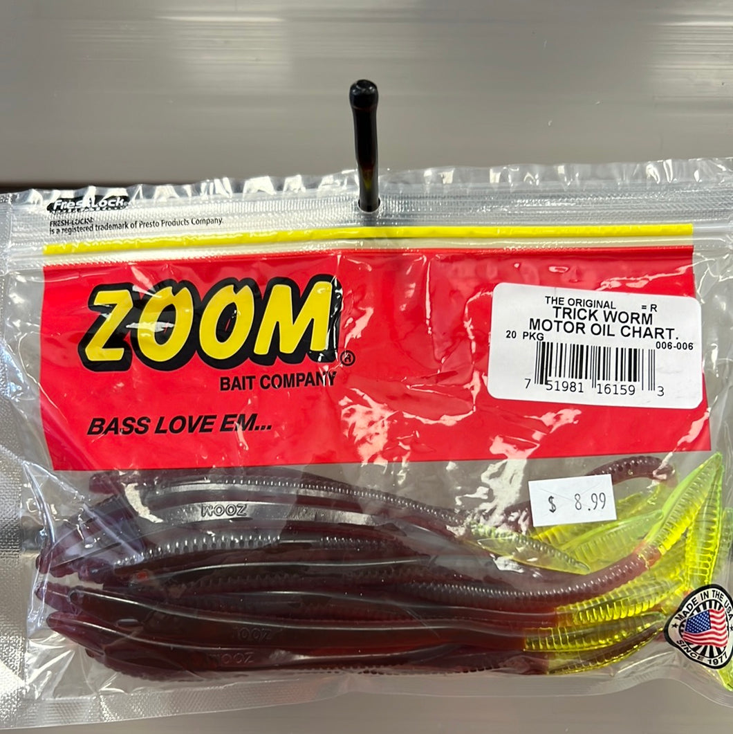Zoom Trick Worm 6.5'' Motoroil/Chartreuse 20pk
